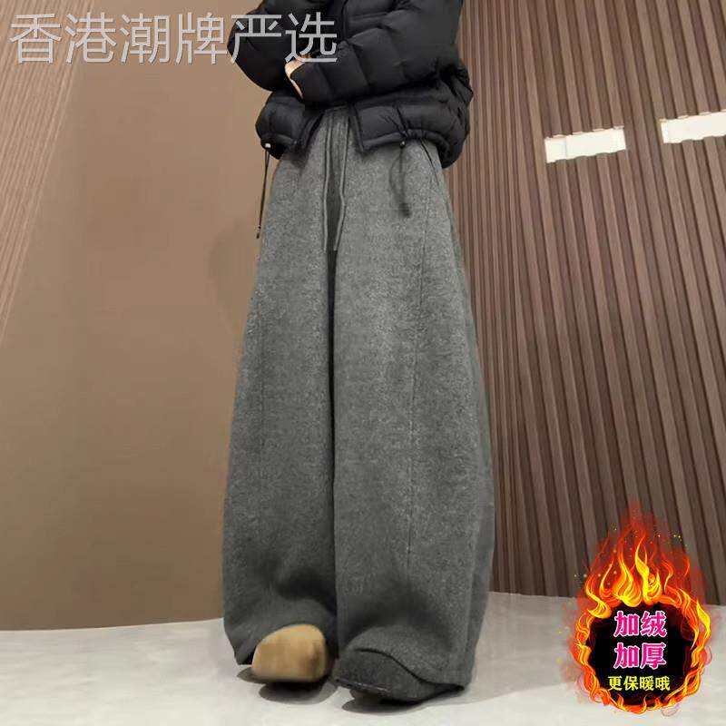 灰色弯刀裤女冬季新款大码梨形身材显瘦休闲裤宽松女款加绒阔腿裤