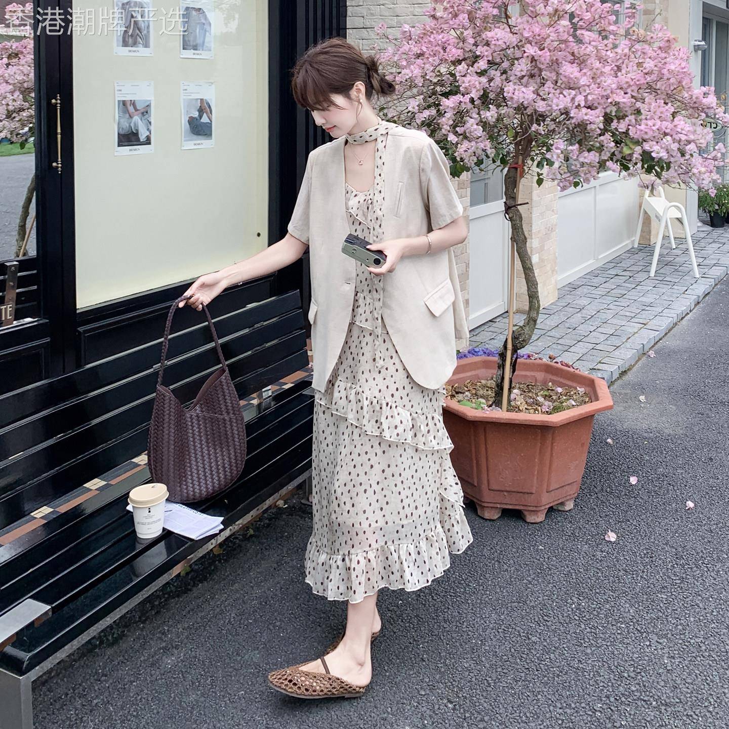 法式高级感短袖西装波点吊带洋装套装女2026夏季气质通勤两件套