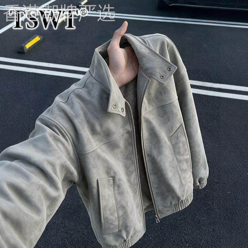 高端加绒加厚棉服男秋冬扎染休闲百搭立领羊羔绒PU皮衣男士机车服