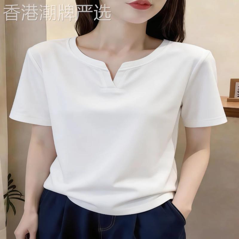 欧货纯棉白色V领短袖T恤女夏季2026新款百搭修身显瘦洋派减龄上衣