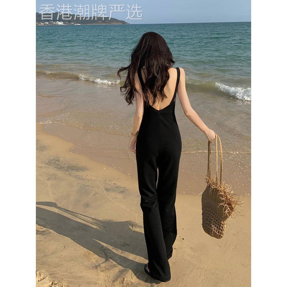 黑色弹力U型领无袖背带连体裤女2025新款夏季显瘦露背长款休闲裤