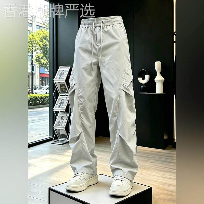 潮牌美式尼龙速干工装裤男夏季薄款褶皱伞兵冲锋裤直筒运动阔腿裤