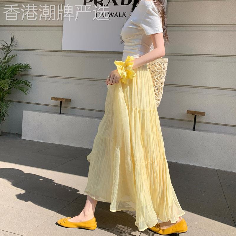 黄色网纱百褶半身裙女2026年夏季新款高腰垂感显瘦a字长裙蛋糕裙