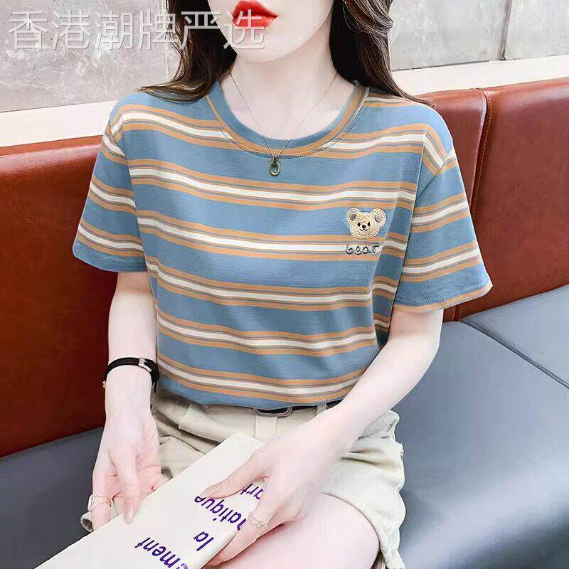 纯棉正肩短袖t恤女夏季2026年新款宽松韩版百搭刺绣条纹别致上衣