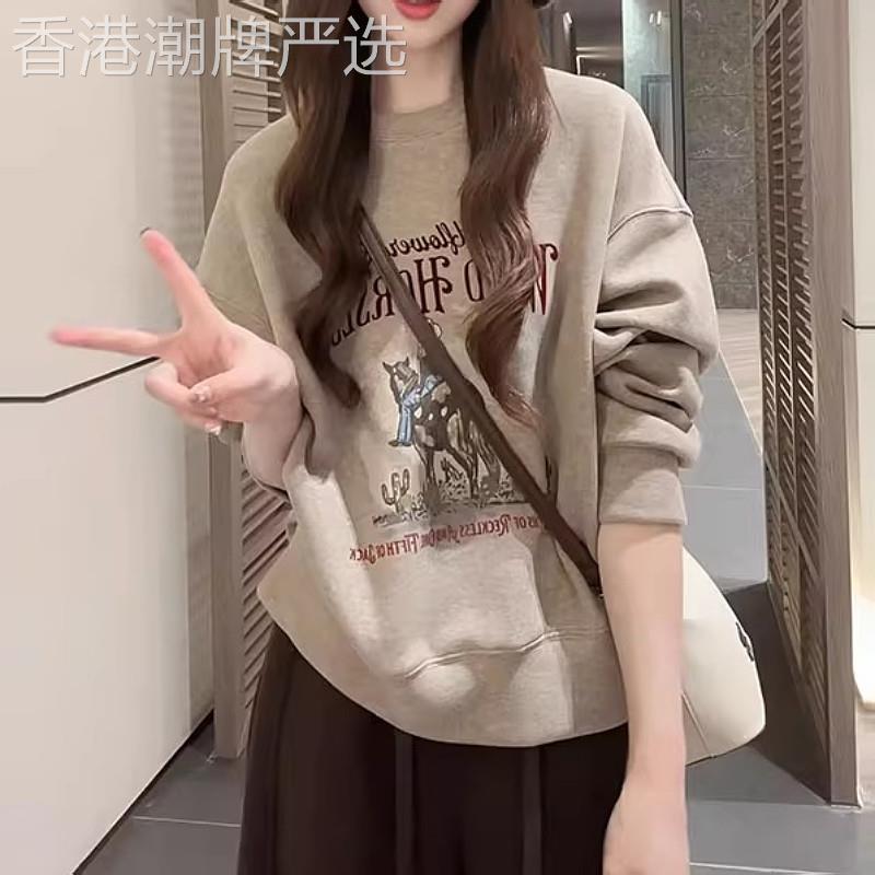 韩国大尺码女装卡通印花圆领套头厚棉T长袖秋季胖mm宽松显瘦减龄