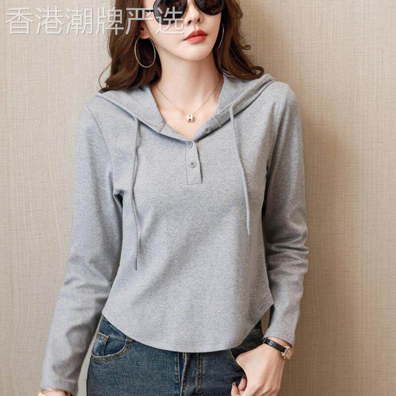 韩国纯棉连帽长袖T恤女短款上衣春秋显瘦洋派薄款厚棉T打底帽衫潮