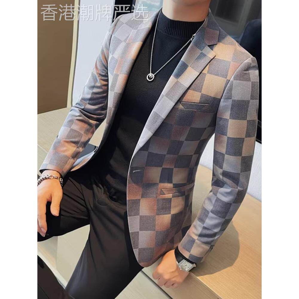 高级感格子西服男秋冬新款韩版修身百搭潮流商务休闲印花西装外套