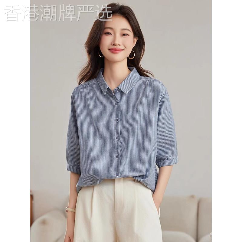 竖条纹衬衫女夏季2026新款设计感小众宽松显瘦气质五分袖翻领衬衣