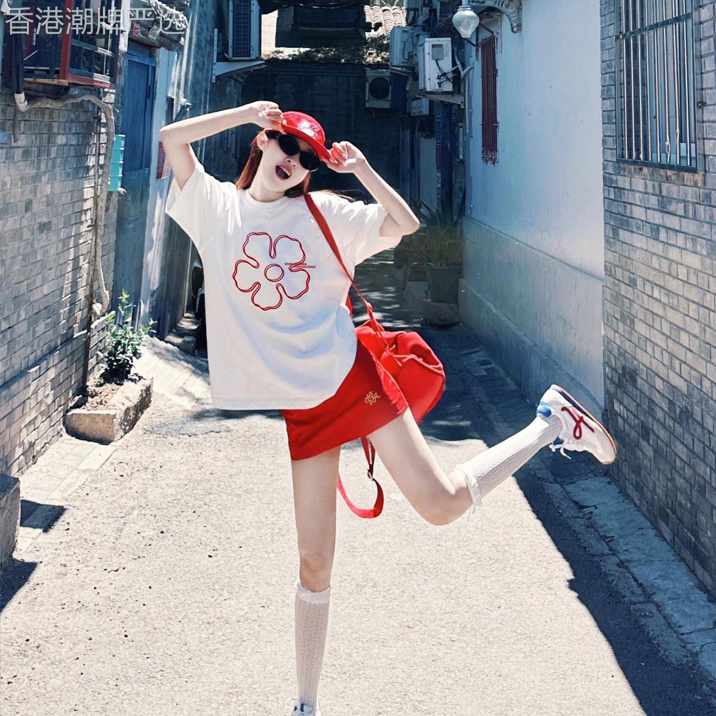 韩国红色花朵短袖女白色纯棉t恤夏2026新款半袖正肩宽松大码上衣