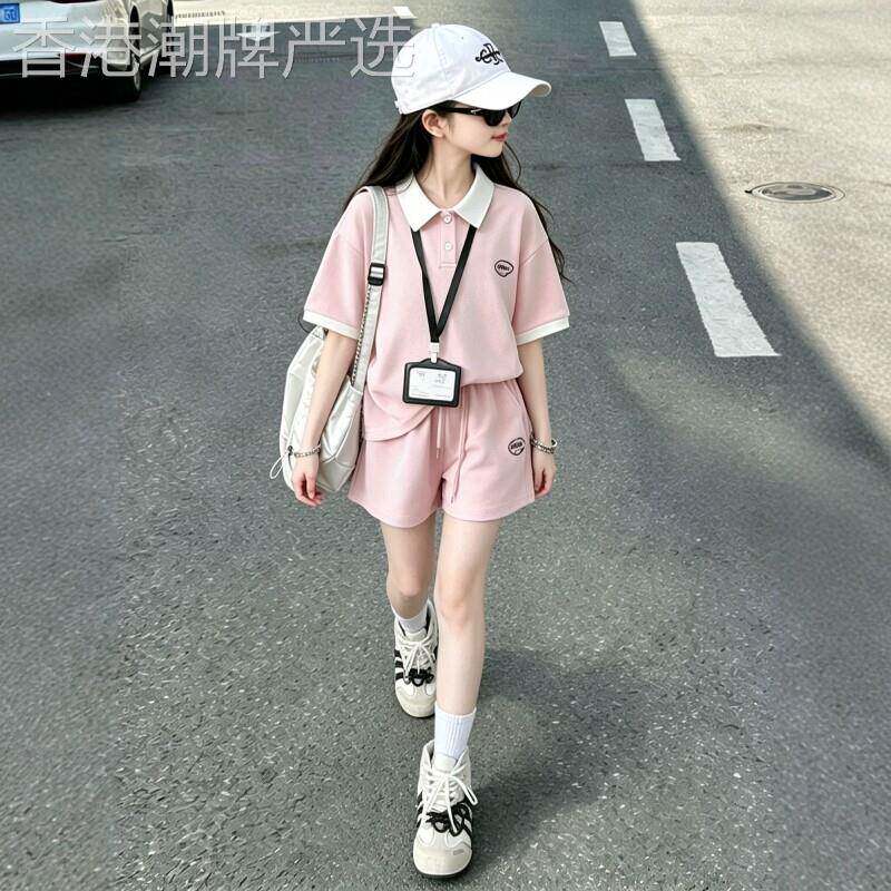 法国BADNUT女童短袖套装夏季2026新款大童粉色运动儿童短裤两件套