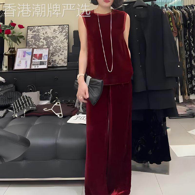 优雅气质红色丝绒套装女2025早秋新款时尚无袖背心+高腰垂感长裤