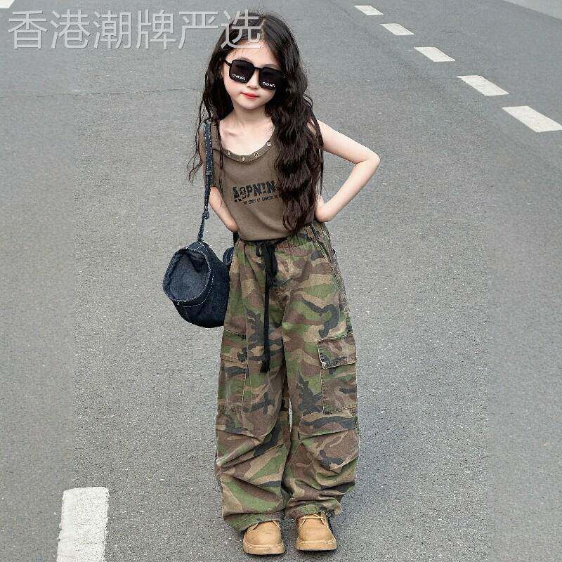 法国BADNUT女童夏季新款2026中大小童女孩紧身背心迷彩工装裤套装