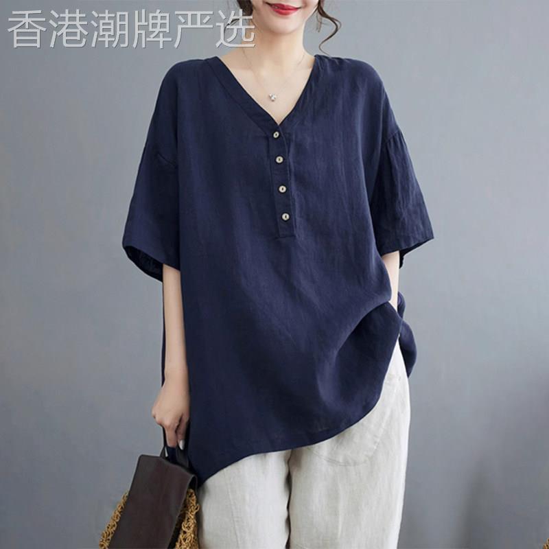 潮牌高端棉麻半袖亚麻t恤女夏季新款短袖加肥加大码妈妈苎麻上衣