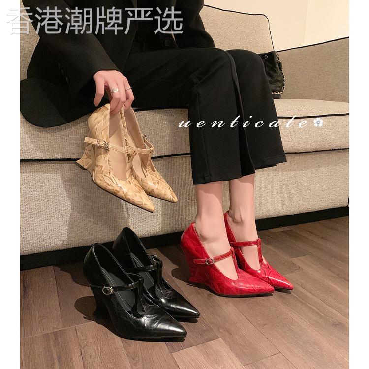 香港it代购真皮坡跟尖头玛丽珍鞋女红色高跟单鞋高级感气质女鞋潮
