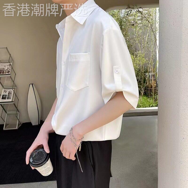 垂感休闲衬衫男潮牌夏季冰丝免烫五分袖上衣新款男生宽松短袖衬衣