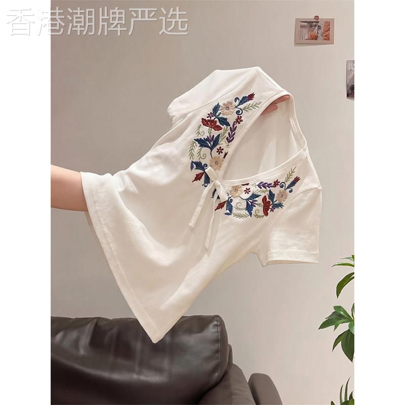 白色花卉刺绣V领短袖T恤女夏季欧货中式复古小众修身显瘦百搭上衣