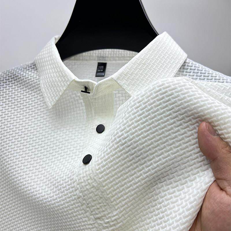 MK正品白色冰丝短袖Polo衫男夏季款高端滑料透气网眼翻领男士T恤