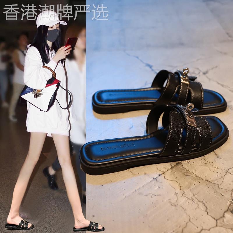 香港真皮时尚法式拖鞋女夏季外穿2026新款高级感一字拖平底凉拖鞋