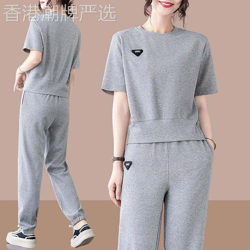 纯棉运动套装女夏2026新款大尺码宽松圆领短袖休闲跑步服洋派两件