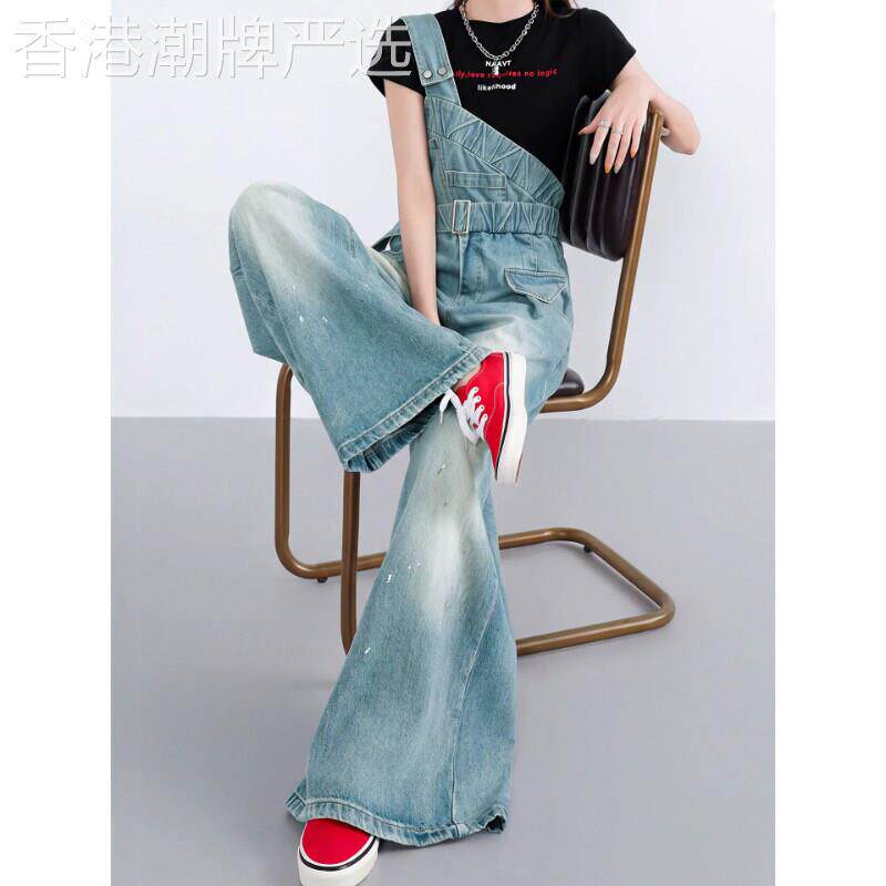 浅蓝色复古水洗牛仔背带裤女秋冬2026新款小个子单肩连体阔腿长裤
