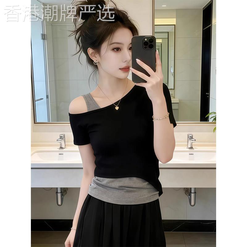 黑色假两件短袖T恤女春夏欧货时尚百搭款斜肩设计感穿搭显瘦上衣