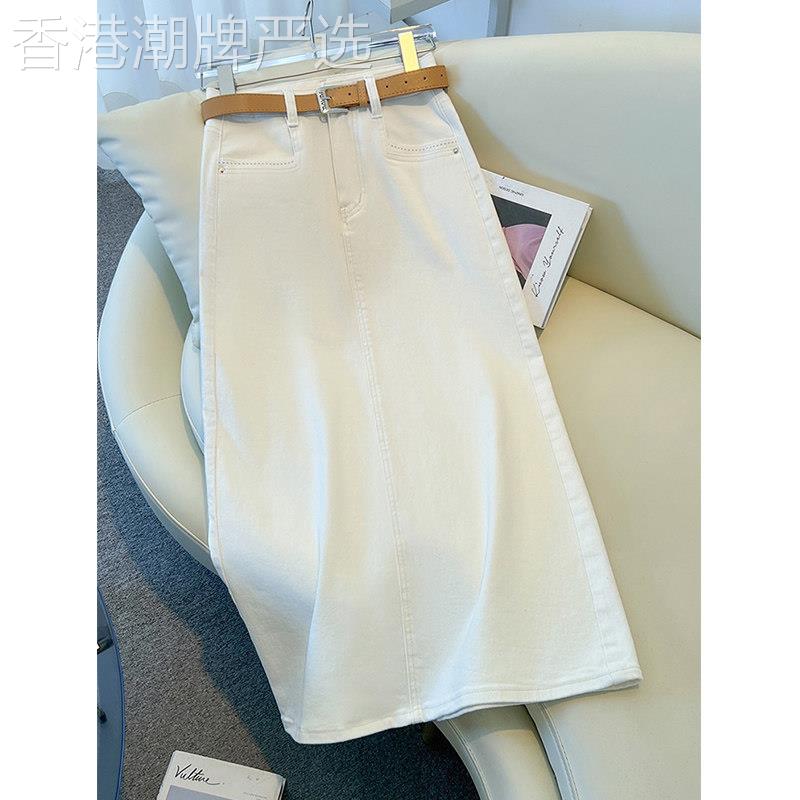 白色牛仔半身裙女2026新款秋季a字高腰今年流行开叉直筒包臀裙子