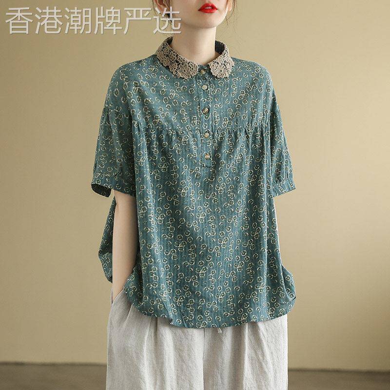 文艺复古棉麻短袖T恤女夏季蕾丝娃娃领体恤宽松休闲妈妈气质上衣