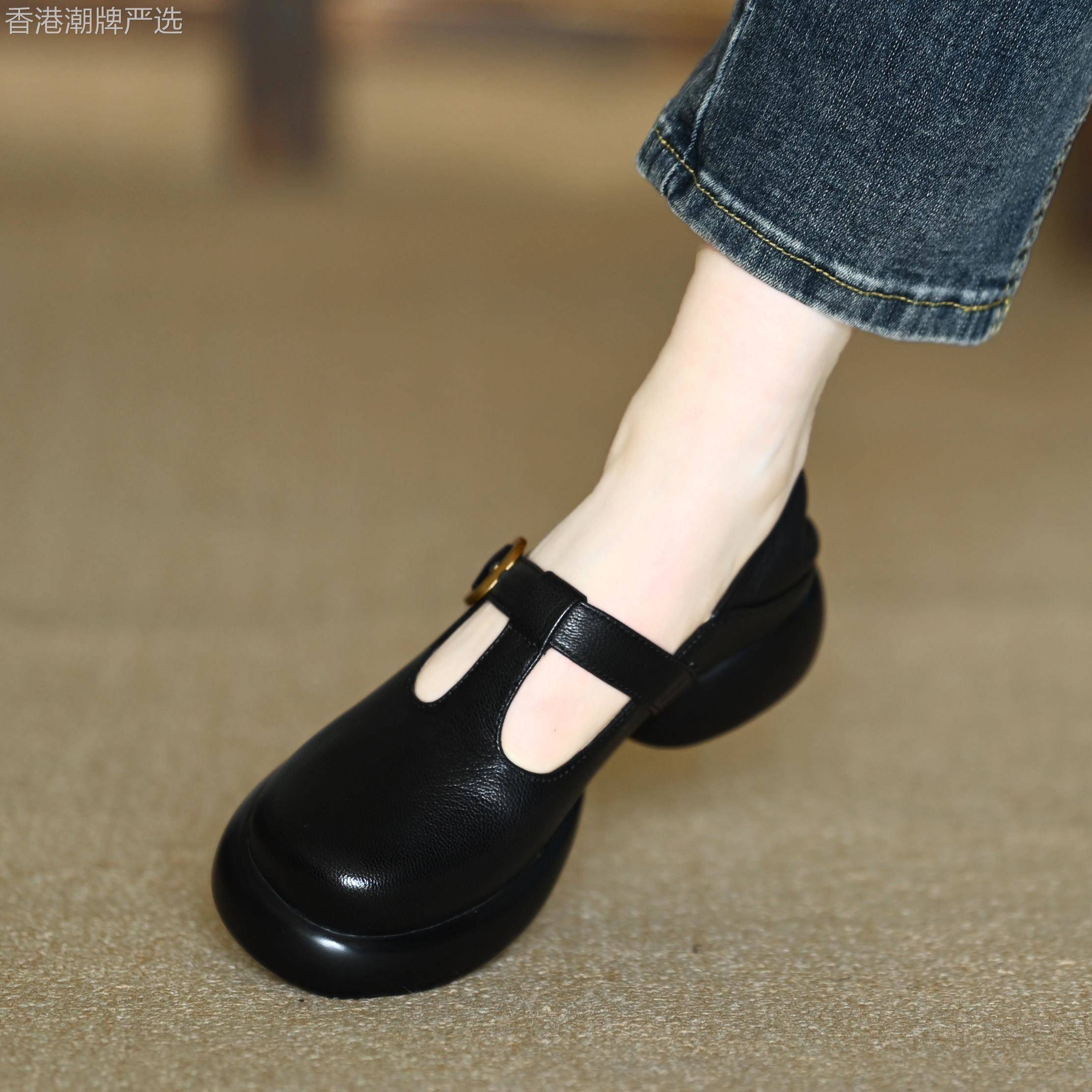 通勤软羊皮圆头厚底包鞋女新款春秋浅口丁字扣防水台中跟玛丽珍鞋