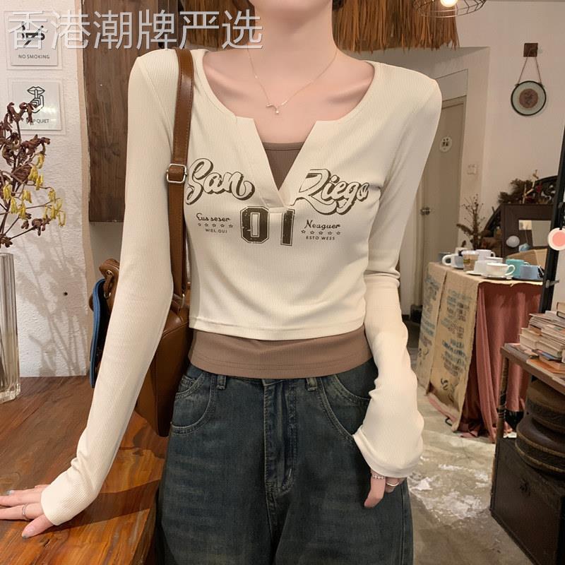 潮牌1212假两件v领长袖t恤女装早秋高级感修身短款内搭打底衫上衣