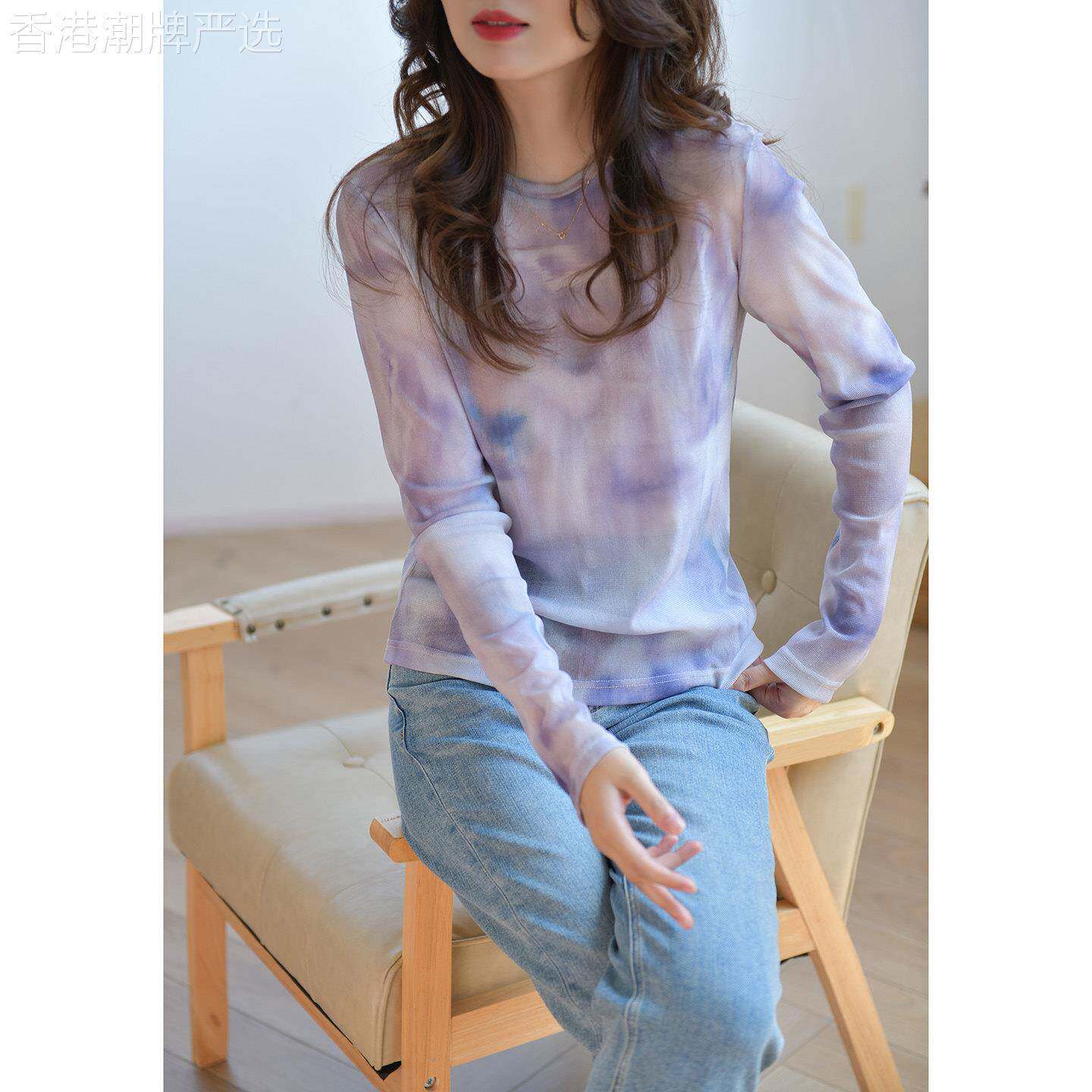 GESGOO洋派紫色修身显瘦长袖上衣T恤女2025新款秋季网纱打底衫薄