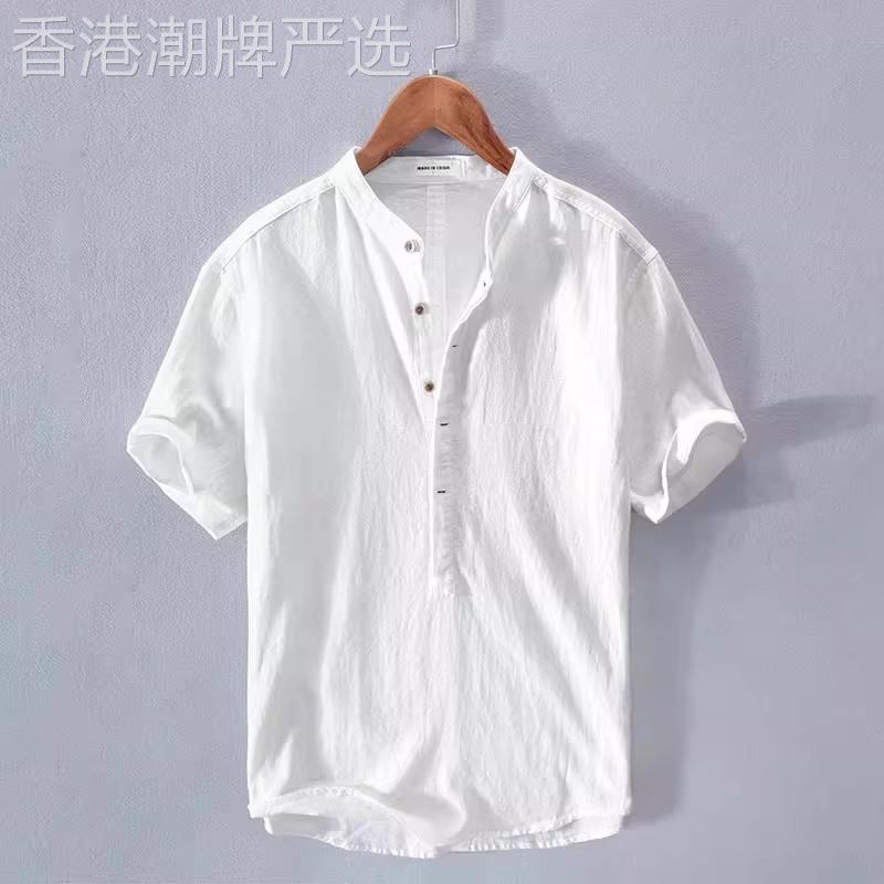 香港夏季薄款休闲立领短袖衬衫男士宽松透气凉感白色简约棉麻上衣