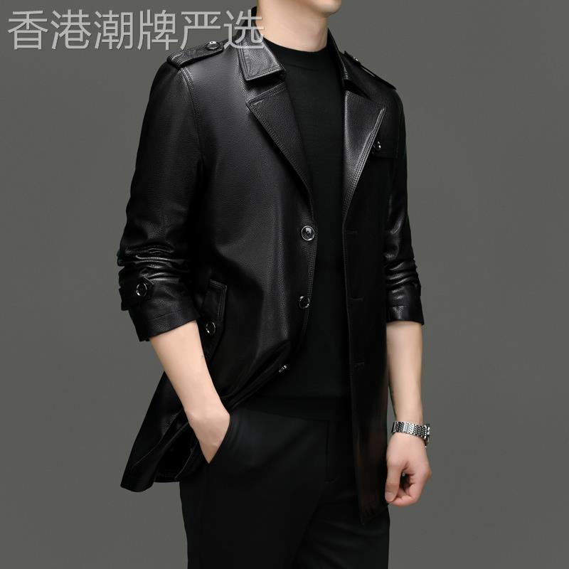 春秋冬海宁皮衣男牛皮皮风衣中长款商务休闲皮夹克加绒皮大衣外套