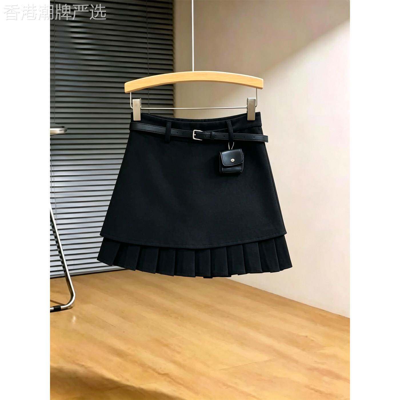 黑色毛呢半身裙女春秋欧货韩系高腰显瘦包臀裙百搭拼接百褶短裙子