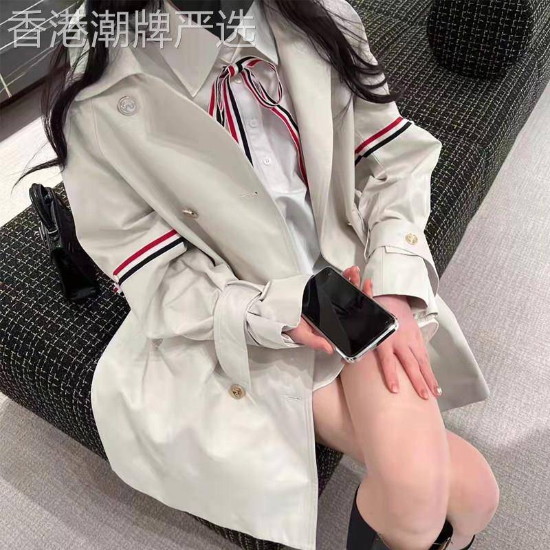 春季新款中长款风衣外套 双排扣纯色宽松上衣 韩版方领通勤风衣女