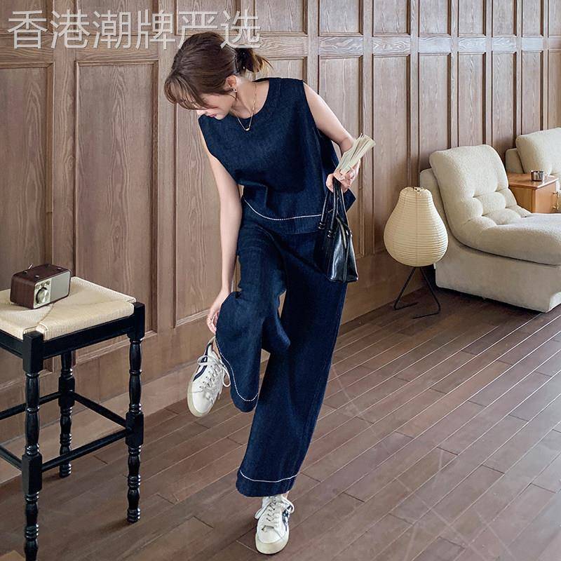 韩系复古深蓝色牛仔套装女薄款2026夏季无袖上衣阔腿裤气质两件套