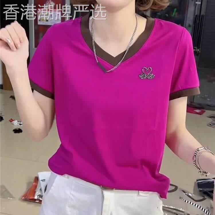韩国大码女夏季黑天鹅镶钻重工藏肉显瘦薄款正肩V领拼色短袖t恤女