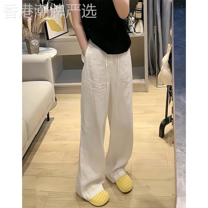 白色亚麻棉麻感阔腿裤女夏休闲松弛感老钱风苧麻裤子直筒拖地长裤