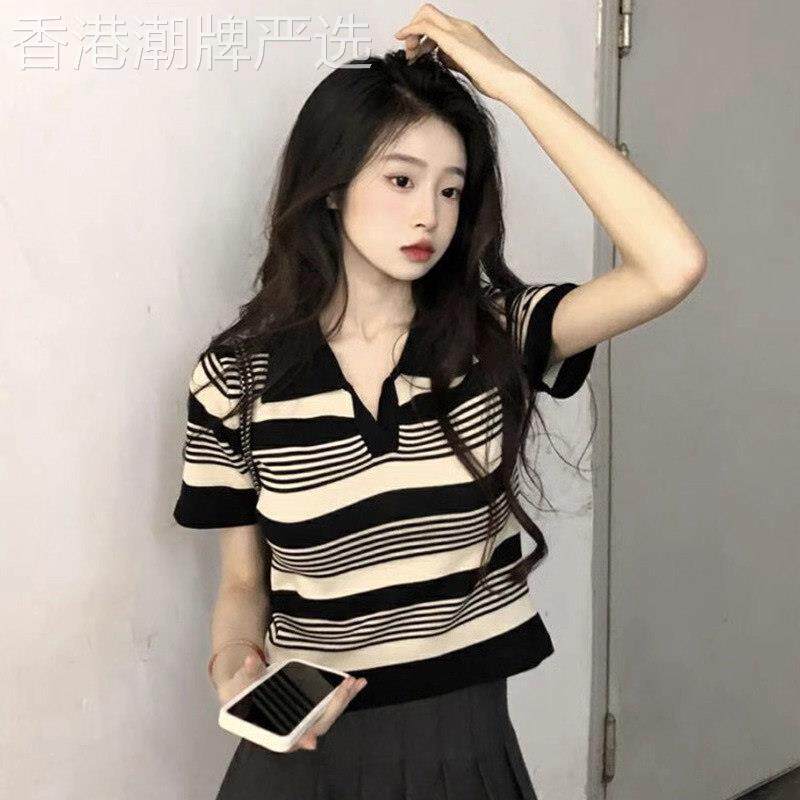 条纹正肩短袖t恤女夏季薄款2026新款宽松大尺码显瘦polo领半袖上