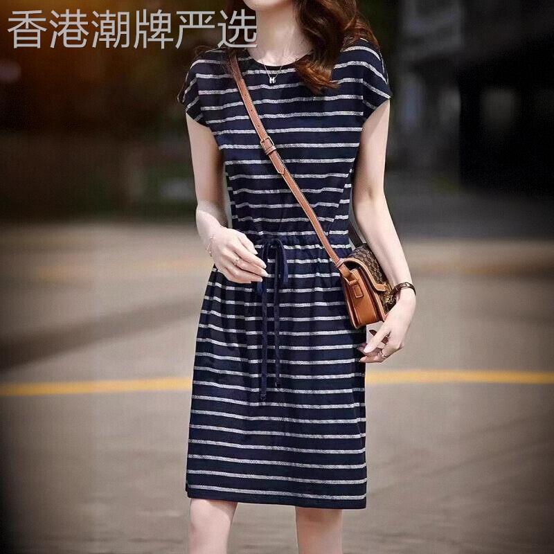 条纹洋气冰丝棉连衣裙女士夏装新款显瘦宽松气质圆领短袖抽绳短裙