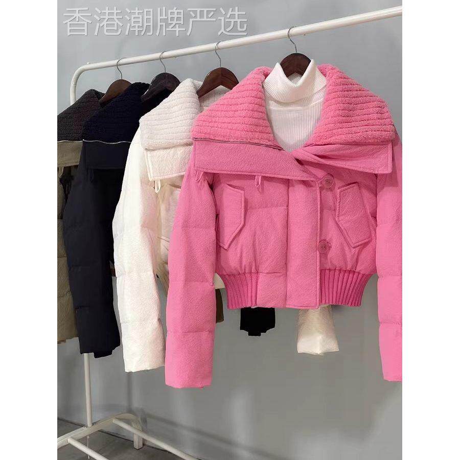白鸭绒羽绒服女秋冬季新款高腰羊羔毛领大翻领短款面包服保暖外套