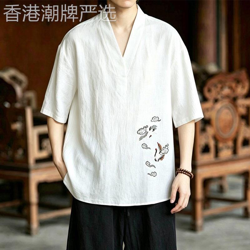 轻奢新中式仙鹤刺绣宽松棉麻汉服男款夏季大尺码薄款V领半袖短袖t图片