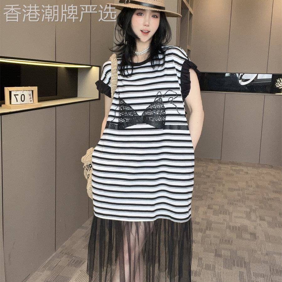 拼纱条纹洋装T恤裙女2026夏新款蝴蝶结印花长裙1/4吋套筒扳手袖裙