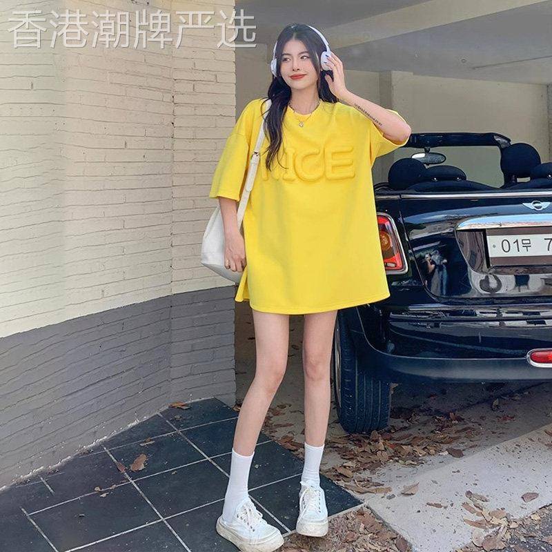 潮牌美式重工立体字母裁剪短袖T恤女夏韩版宽松中长款ins简约上衣