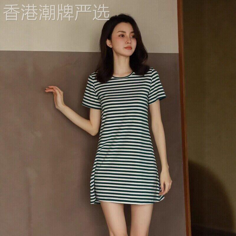 Rouje Dsyle莫代尔带胸垫睡裙女夏睡衣一体薄款条纹连衣裙家居服