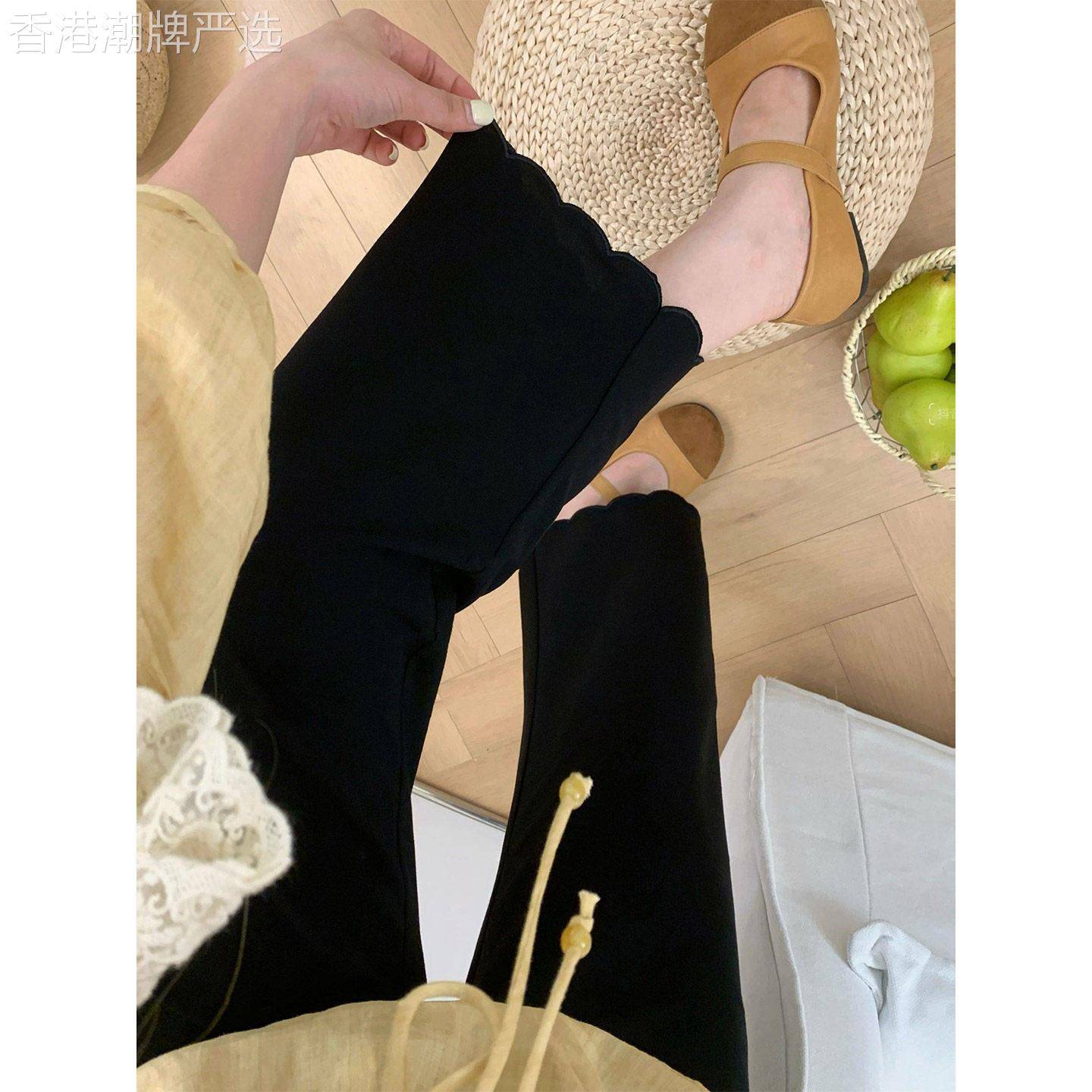 黑色花边休闲裤女夏季薄款大尺码胖妹妹mm梨型身材显瘦弹力直筒裤