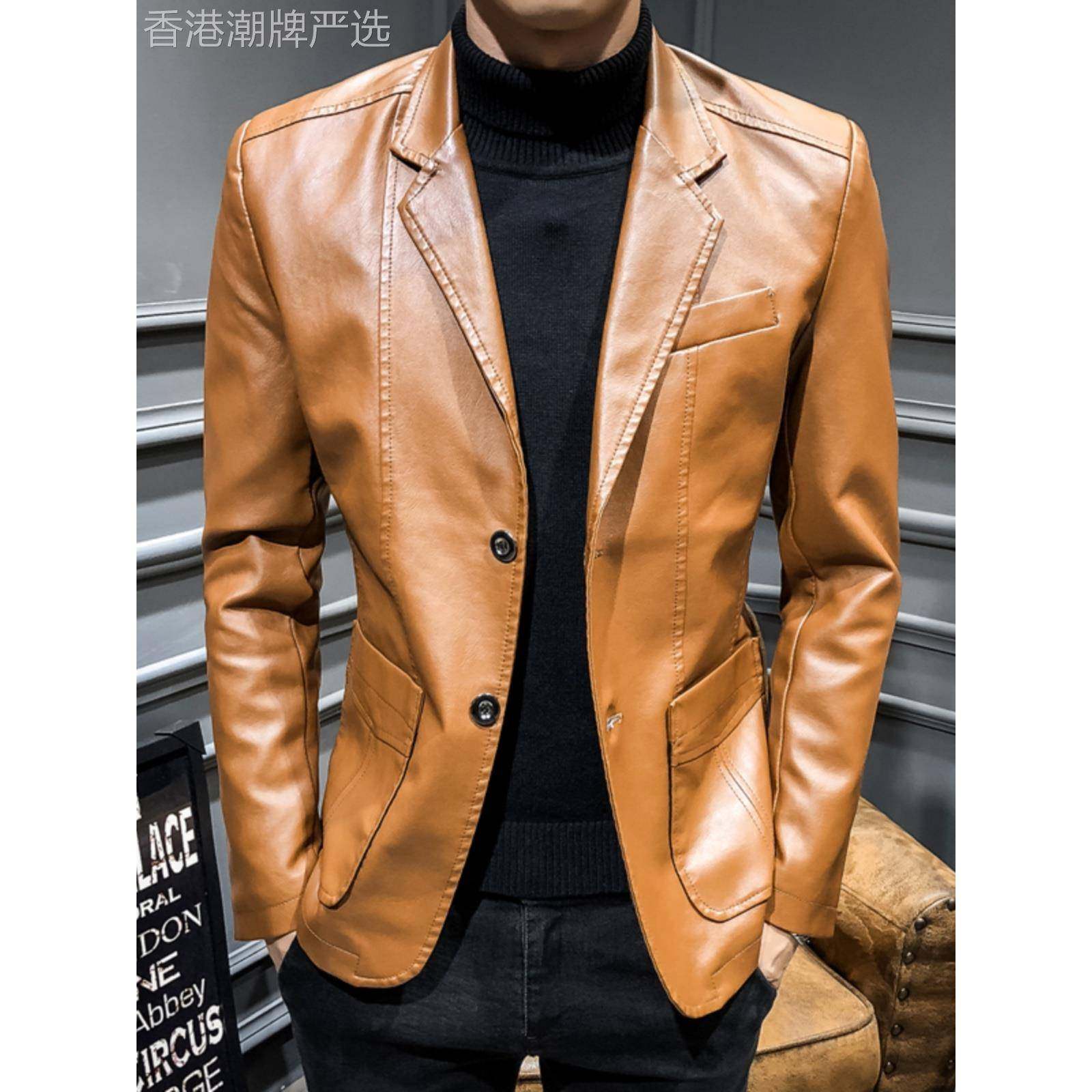 高级感休闲皮衣男款商务时尚百搭夹克欧美新款中年爸爸装西服外套