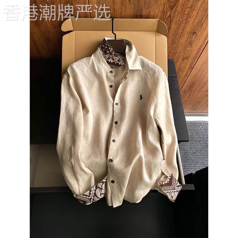 老钱风亚麻长袖衬衫男夏季薄款潮牌腰果花松弛感度假休闲防晒衬衫
