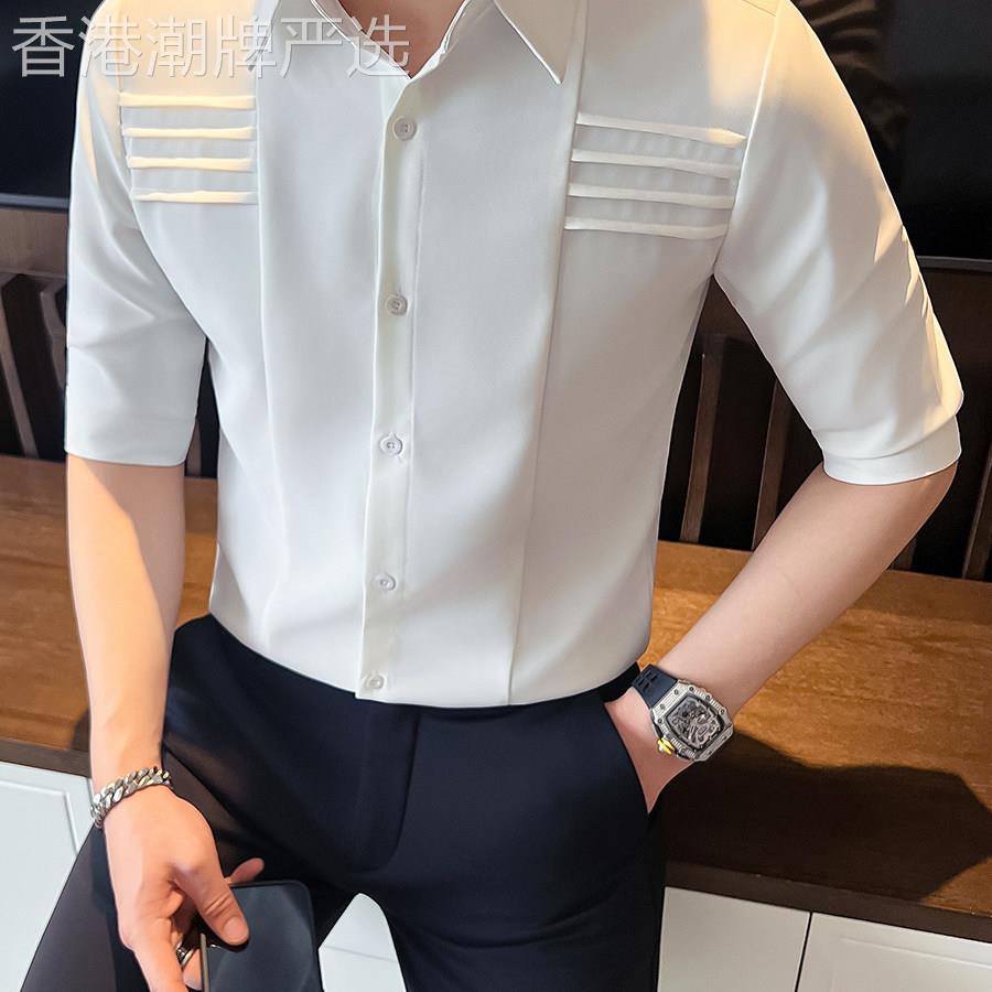 夏季短袖衬衫男士修身超火冰丝七分袖2026新款高级感痞帅潮流上衣