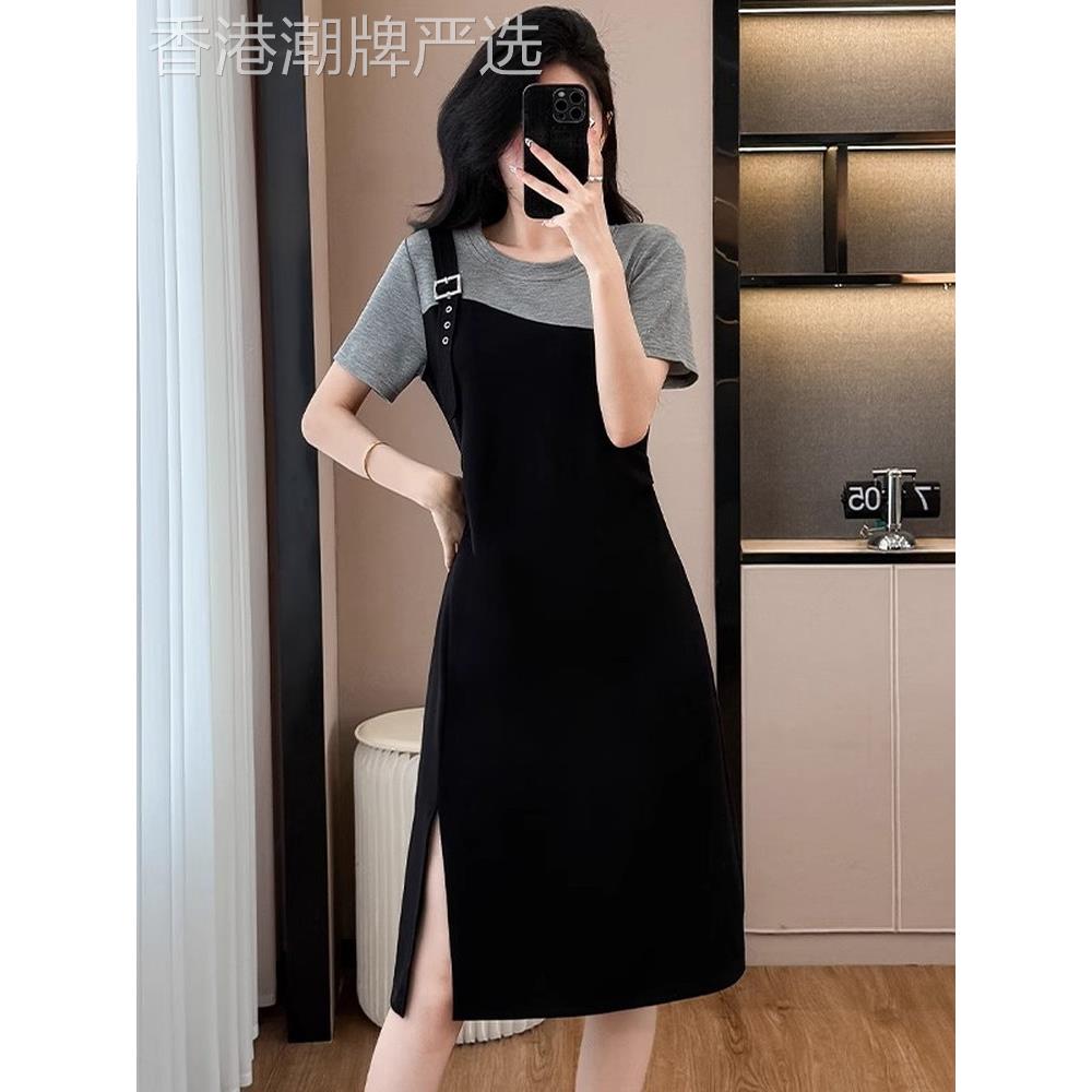时尚拼接女装，让女性显老、显肉、显腰，彷两件式t恤连衣裙，优