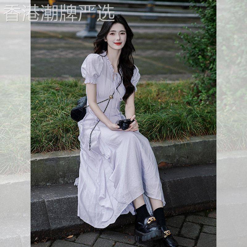 法式茶歇泡泡袖紫色连衣裙女春季新款小众设计高级感超好看长裙子